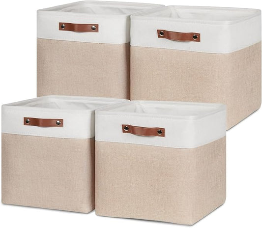 HNZIGE Set of 4 Fabric Storage Baskets (4 Pack), Large Baskets for Shelves, 13x13x13 Inch Storage Cubes with Leather Handles for Home, Toys, Clothes, Kids Room, Closet Storage (White & Beige)