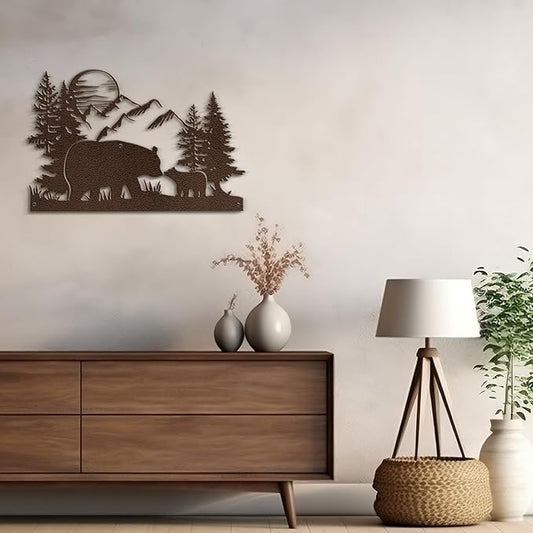 SIGNLEADER Metal Wall Art Decor Bear, Pine, Mountains Minimalist Modern Abstract Wall Sculpture Hangings Home Decoration for Living Room, Bedroom, Bathroom, Kitchen, Outdoor - 18" Bronze