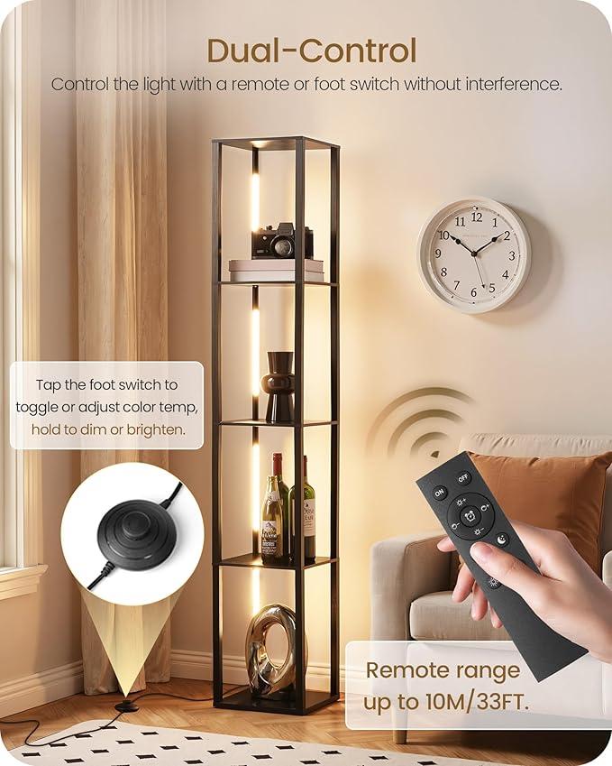 GOEBLESON 64.2" Display Shelf with Light, Modern Corner Floor Lampe with Shelves, LED Dimmable Standing Lamp with Remote for Living Room, Bedroom, Office, Adjustable CCT, Black Square B51LD05