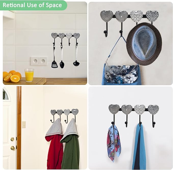 Coat Rack Wall Mounted with 4 Hooks, Heart Geometric Pattern Decorative Wall Hooks for Hanging Hat, Key, Towel, Purse, Bag and Robe, for Entryway, Bathroom, Hall Organizer Hanger Rack - Metal