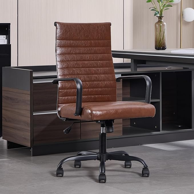 Haranuo Office Chair, Ergonomic Executive Conference Room Chairs, Ribbed Leather Desk Chair with Lumbar Support, Adjustable Height Mid-Back Swivel Chair with Padded Seat