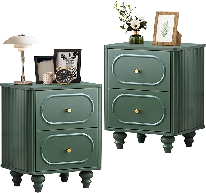 2 Drawer Fluted Nightstand, Mid Century Modern Farmhouse Night Stand Small End Table Bedside Table for Bedroom, Green