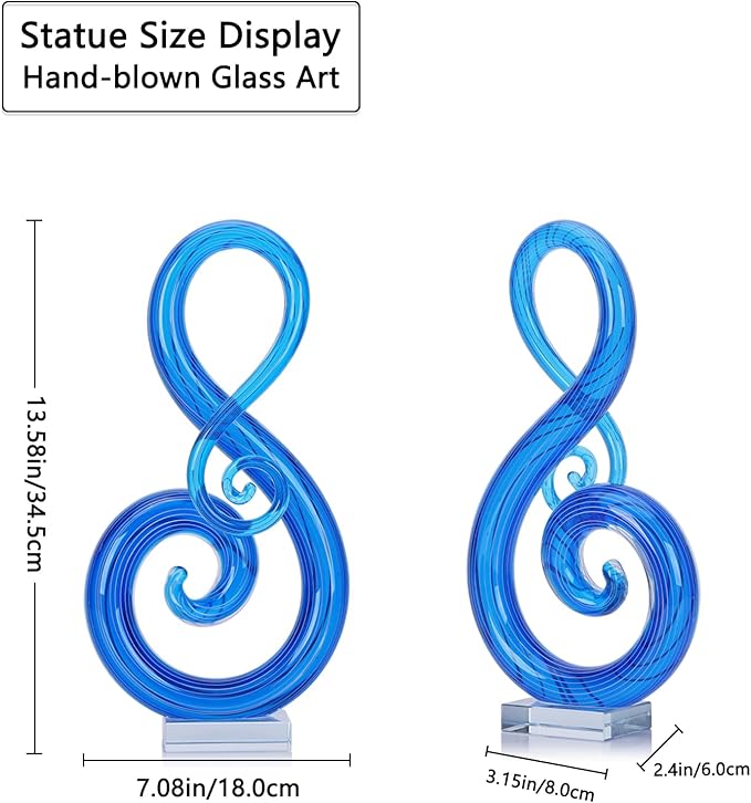 LCCCK 13" H Large Glass Sculpture Blue Hand Blown Glass Figurines Art Music Decor, Modern Red Glasses Decor Crystals Statue Knick Knacks- for Luxury Home Living Room Office Console Table Decoration