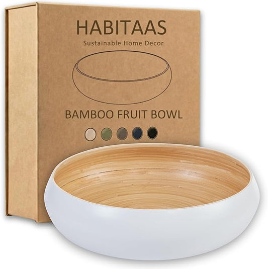 Fruit Bowl For Kitchen Counter, Decorative Bowl, Large Serving Bowl Or Fruit Basket For Kitchen Spun Bamboo (White)