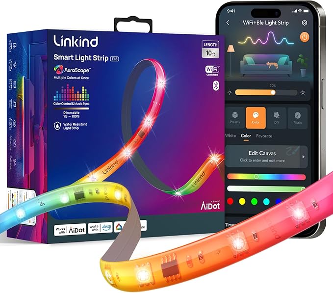 Linkind LED Strip Lights RGB 10ft, Smart Light Strip Work with Alexa and Google Home, App Control Music Sync Segmented Color Changing Led Lights for Bedroom Kitchen