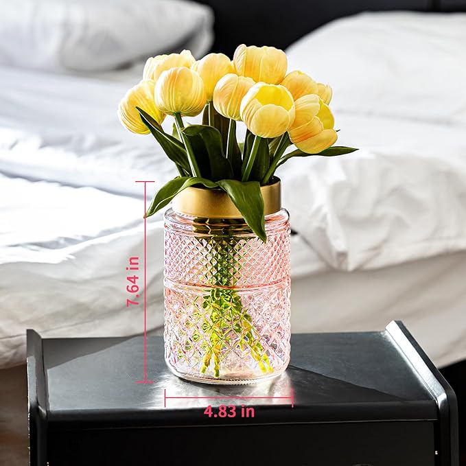2-Pack Flower Vase Glass, 7.6 inch Pink Fluted Vase with Golden Metal Top, Stylish Decorative for Tabletop Centerpiece, Kitchen, Living Room, Bedroom, Bathroom, Office