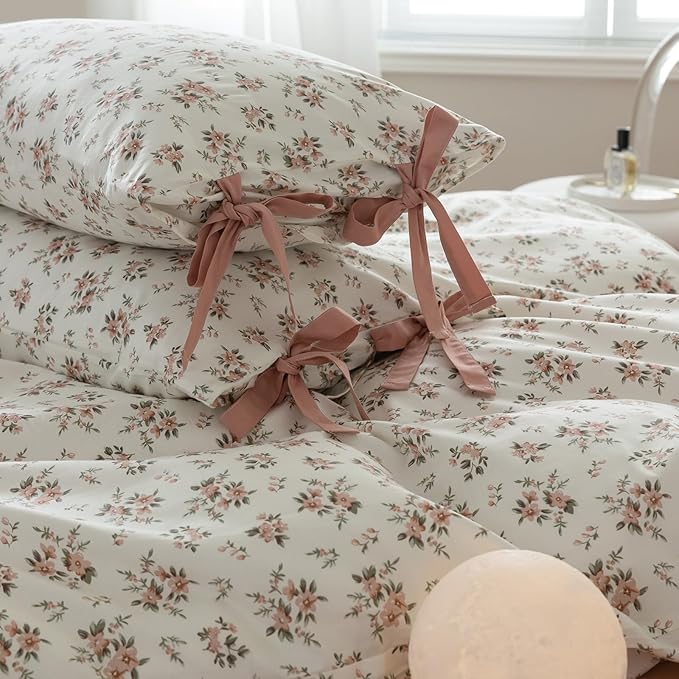 Pink Flower Duvet Cover Set Twin Soft Cotton Peach Floral Comforter Cover Girls Cottagecore Bedding Set Boho Floral Duvet Cover Vintage Country Bedding Flower Botanical Duvet Cover with Zipper Closure