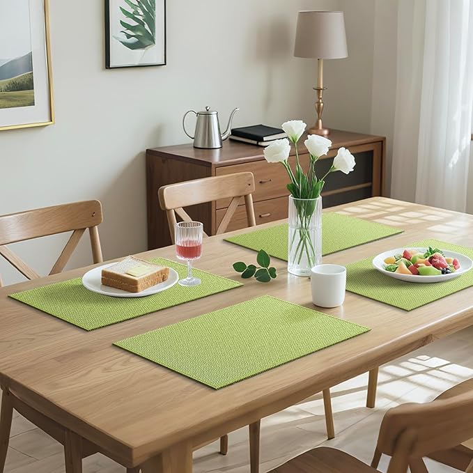 Blue Forest Placemats Set of 8, Dual-Layered Thickened Faux Linen Table Mats Heat Resistant Machine Washable Wrinkle Free Place Mats for Kitchen Dining Outdoor/Indoor (Grass Green)