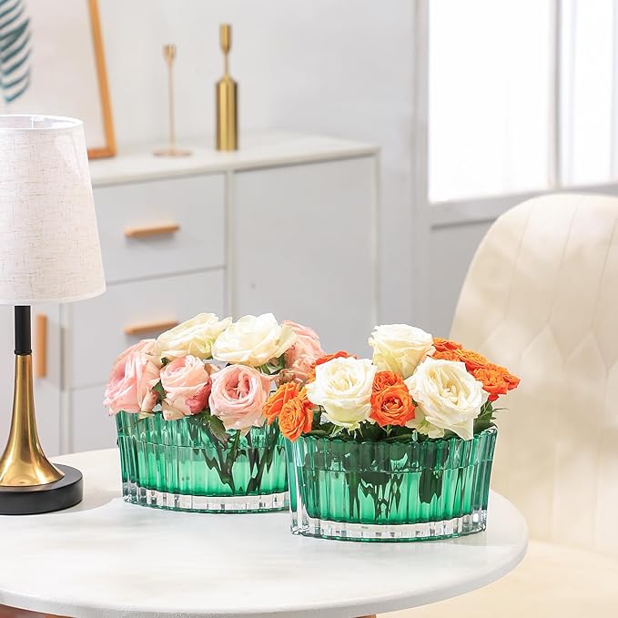 MCMCNCUIU Crystal Vases for Centerpieces, Flower Vases for Wedding Centerpieces, Green Vase for Flowers, Curve Small Vase for Living Room, Bedroom, Kitchen, Dining Table, Set of 2