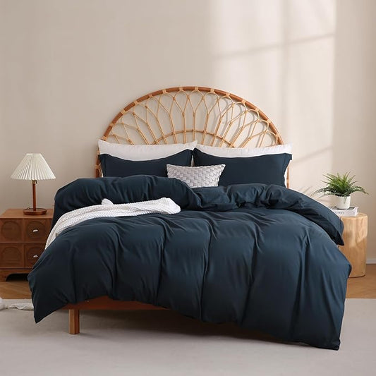JSD Navy Blue Duvet Cover Set Full Size, 3 Piece Duvet Cover with Pillow Shams, Soft Brushed Microfiber Zipper Closure, Comforter Not Included