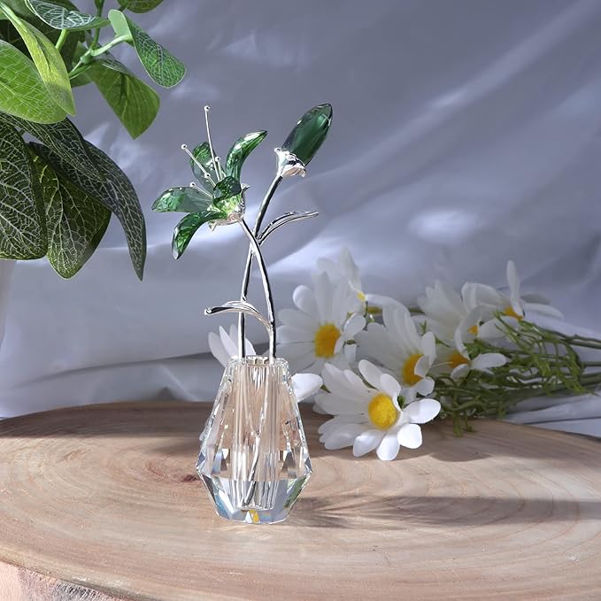 Movdyka Crystal Lily Flower Figurine with Stems, Handmade Collectible Statue for Decoration Mothers Day, Centerpiece, Valentines Day, Bridal Shower Gift Green