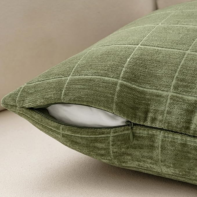 MIULEE Decorative Chenille Check Throw Pillow Covers Vintage Plaid Couch Pillows 20x20 Inch Set of 2 Neutral Boho Farmhouse Cushion Covers Modern Spring Decor for Sofa Bed Living Room Grass Green