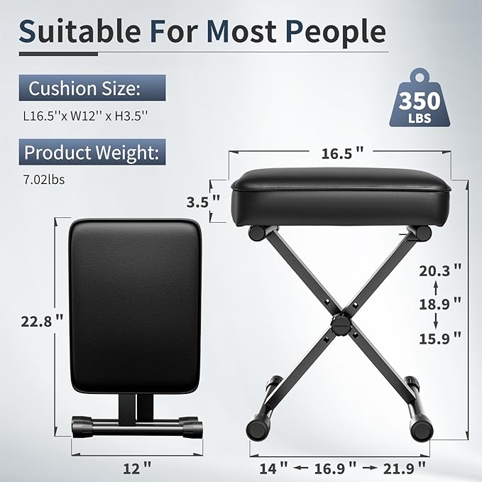 Keyboard Bench Adjustable Piano Stool - 3 Levels of Height,Thickened 3.5inch Cushion,Comfortable and Supportive,Portable Piano Bench,Non-Slip and Durable,Suitable for Beginners&Outdoor Players (Black)