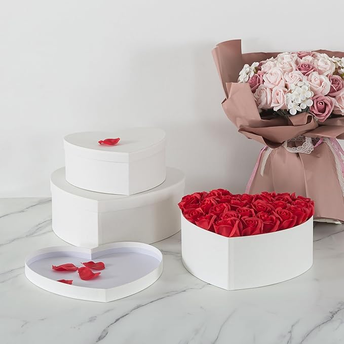 Soul & Lane Heart Shaped Gift Boxes: Set of 3 Empty Paper Mache Boxes with Lids for Flowers, Gifts, Chocolate Strawberries & Special Occasions, Cardboard White Heart Shaped Box for Arrangements