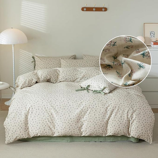 Vintage Style Cotton Duvet Cover Twin 3 Pieces Green Floral Print Duvet Cover Chic Botanical Flower Bedding Sets Cottagecore Floral Comforter Cover Boho Floral Bedding Cover with 2 Bowknot Pillowcases