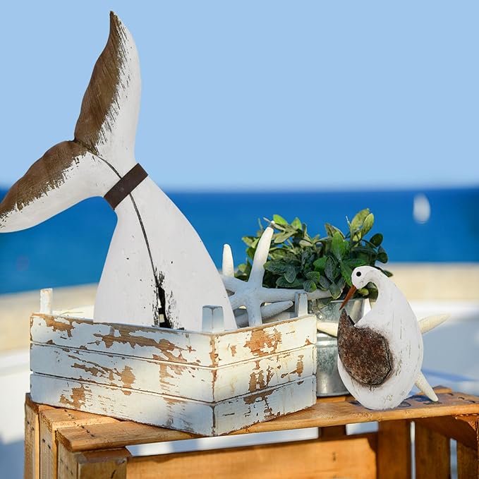 Wood Bird Statue Nautical Decor Decorative Rustic Seabird Sculpture Wooden Beach Themed Coastal Mediterranean Tabletop Decoration for Home Bathroom Living Room (S)