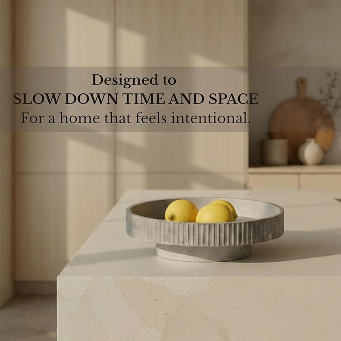 JUPTR 12” Fluted Concrete Fruit Bowl – Heavyweight Pedestal Decorative Bowl for Table Centerpiece, Entryway Catch-All & Modern Home Décor (Natural)