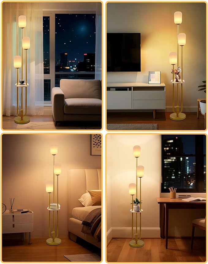 Lightdot Dimmable Floor Lamp with Shelf, Modern Gold Tall Floor Lamps with Oval Striped Lampshade for Wedding/Party, 3000K Soft Warm White 3-Lights Standing Lamp for Living Room/Bedroom