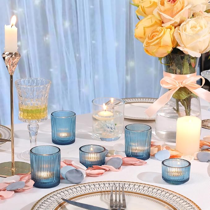 10pcs Ribbed Blue Votive Candle Holders, Assorted Tea Light Candle Holder Glass, Blue Candle Holders for Table Centerpiece, Wedding Table Settings and Party Decorations
