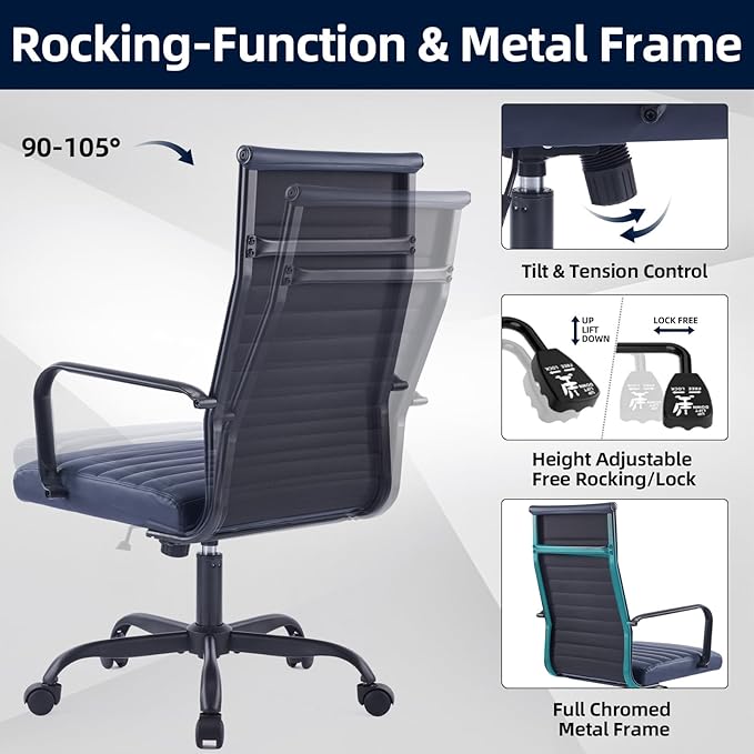 Haranuo Office Chair, Ergonomic Executive Conference Room Chairs, Ribbed Leather Desk Chair with Lumbar Support, Adjustable Height Mid-Back Swivel Chair with Padded Seat