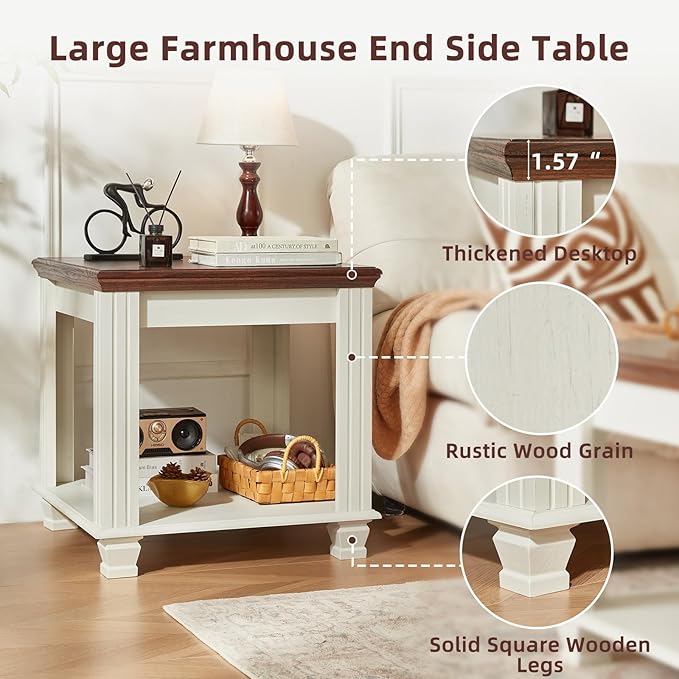 Farmhouse End Table with 2-Tier Storage Shelf, Large Square Side Table with 4 Solid Wood Square Legs, Small Coffee Table for Living Room, White