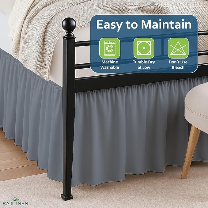Rajlinen Ruffled Bed Skirt Twin, 14 Inch Drop Dust Ruffle with Split Corners, 100% Microfiber Bedskirt with Platform, Three-Sided Coverage Ruffled Gathering Design, Dark Grey