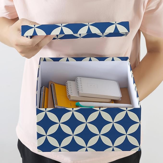 Soul & Lane Set of 3 Decorative Boxes with Lids, Square 11" x 11" Nesting Cardboard Storage for Home Décor in Blue and Cream, Keepsake and Memory Boxes for Organizing, Mosaic Navy