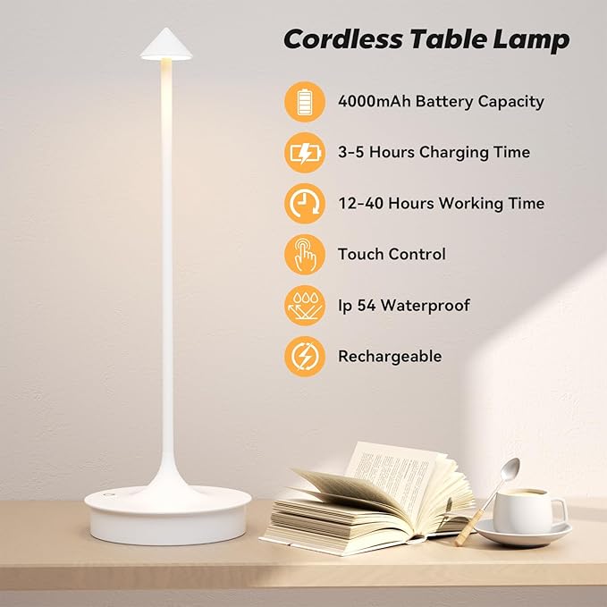 Small Cordless Table Lamp Rechargeable, Battery Operated Desk Lamp, 4000mAh LED Touch Lamp, Dimmable Portable Outdoor Waterproof Wireless Table Light for Restaurants/Bars/Outdoor(1PC,White)