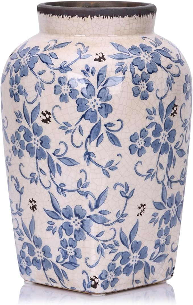 Blue and White Vintage Vase - 9.7 Inchs Chinoiserie Decor Crackle Finish Floral Vase, Rustic Farmhouse Decorative Vases for Table, Living Room, Bathroom, Shelf Decor, Mantel, Centerpieces