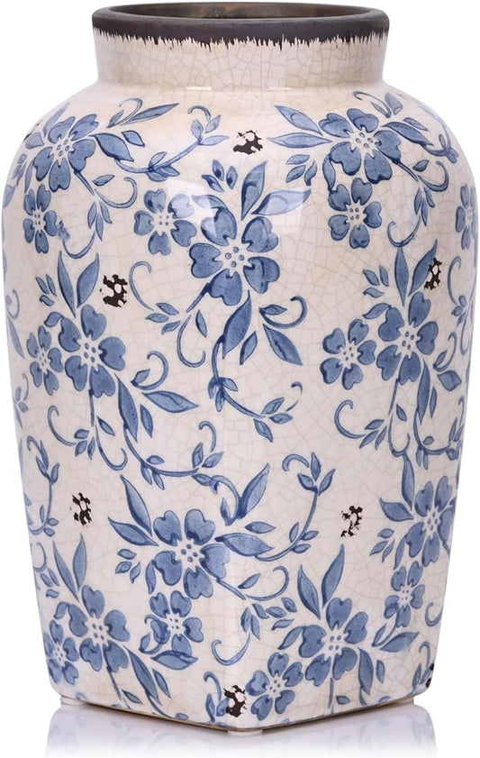 Blue and White Vintage Vase - 9.7 Inchs Chinoiserie Decor Crackle Finish Floral Vase, Rustic Farmhouse Decorative Vases for Table, Living Room, Bathroom, Shelf Decor, Mantel, Centerpieces