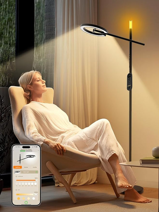 GLOWRIUM Smart Light Therapy Lamp, 10000 Lux UV-Free Sun Lamp, 2700-6500K Floor Lamp Therapy Light, Stepless Dimmable Energy Sunlight with App & Remote, Timer, Cozy Light Settings for Winding Down