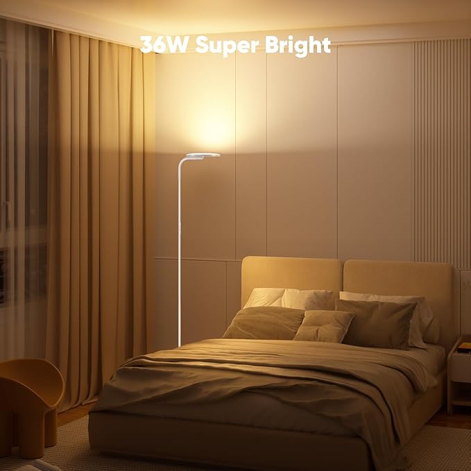 SIBRILLE 36W LED Floor Lamp, Super Bright Standing Lamp, Modern Stepless Dimmable Torchiere Tall Lamp with Remote Control, 350°Rotating Head Reading Floor Lamp for Living Room, Bedroom, Office - White
