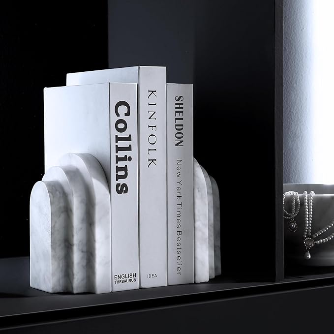 BUICCE Modern Book Ends for Shelves Nature Marble Decorative Bookends Heavy Duty Bookshelf Holder for Office Desk Decoration (White)