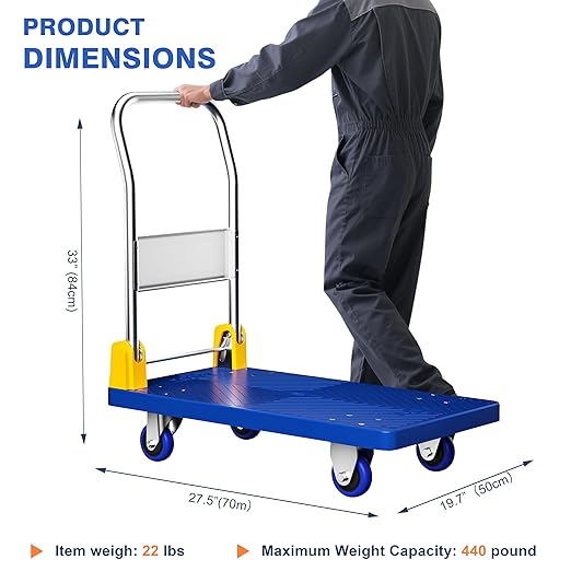 Flat Push Cart Dolly, Foldable Flat Bed Cart,Platform Cart Truck with 4 Wheels,440lb Weight Capacity Folding Platform Truck with Handle for Moving and Loading,360 Degree Swivel,(Blue)