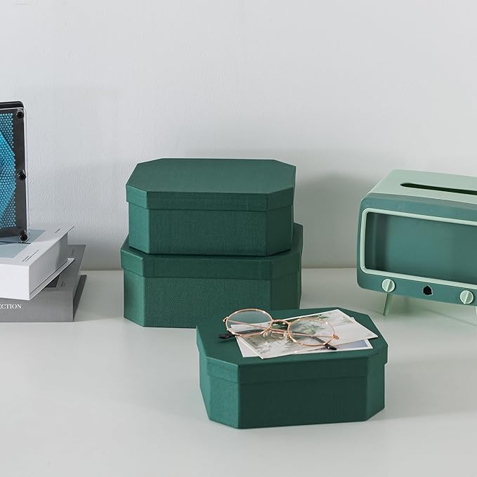 Soul & Lane Octagon Textured Decorative Boxes for Organizing, Set of 3 Nesting Cardboard Storage Containers for Gifts, Durable Memory Boxes for Keepsakes, Forest Green
