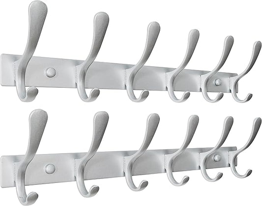 SKOLOO Coat Rack Wall Mounted - 6 Hooks, Pack of 2, Heavy Duty, Stainless Steel, Metal Wall Hanger, Sturdy Coat Hooks for Hanging Coats, Jacket, Clothes, Hat, Cold Light Silver