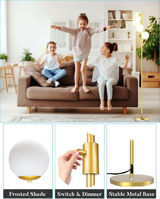 ACOHOOK Gold Globe Floor Lamp Dimmable 64IN Tall Standing Lamps with Soft Warm White Eye Care 3000K G9 Bulbs, Mid Century Modern Floor Lamp for Living Room Bedroom