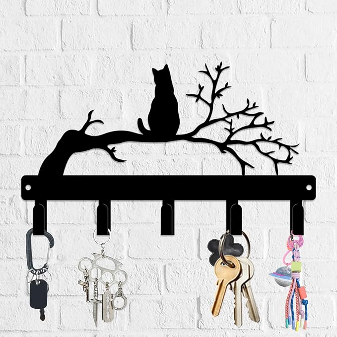 magilab Cat-Themed 10-Inch Iron Key Hooks with 5 Hooks, Black Wall Organizer - Cute Cat Design for Home Decor, No Drill & Screw-in Options (Style J)