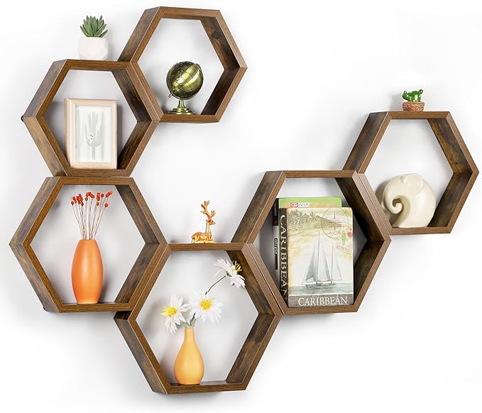 YBING Hexagon Shelves for Wall, Wood Honeycomb Floating Shelves Set of 6,Farmhouse Hexagonal Decorative Storage Shelf MDF for Living Room Bedroom Brown