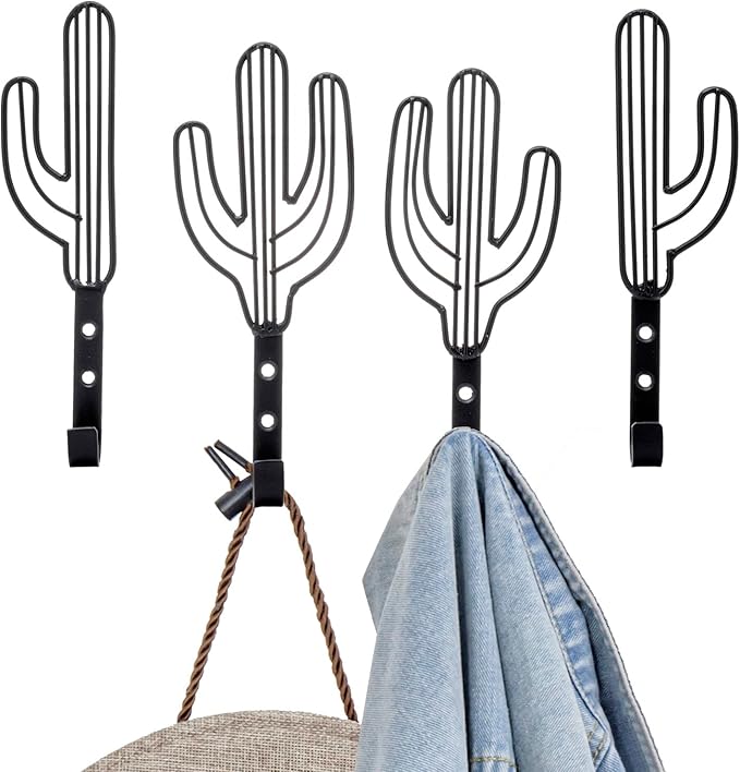 MyGift Wall Mounted Decorative Black Metal Entryway Coat Hooks Saguaro Cactus Shaped Hanging Novelty Hooks, Southwest Style Home Decor, Set of 4