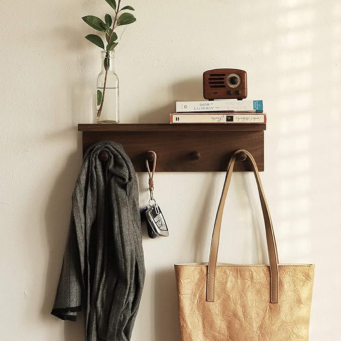 Entrance Coat Rack ，Coat Hooks, Wall-Mounted Wooden Hook Rack, Wall-Mounted Shelves are Very Suitable (Walnut Color Finish—A-2)