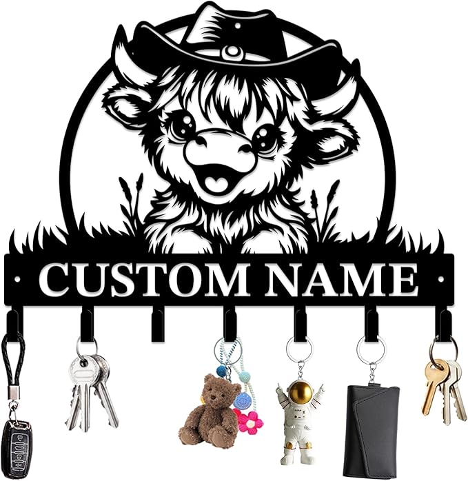 magilab Personalized Custom Highland Cow Wall Hooks,Metal Highland Cow Art Clothes Hooks,Metal Highland Cow Wall Home Storage Decorative,for Front Door, Hallway, Kitchen, Bedroom,Keys,Hats (Style B)