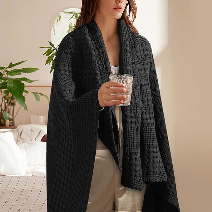PHF 100% Cotton Waffle Weave Throw Blanket, Soft Lightweight Breathable Cozy Throws for Couch Bed Sofa, 300 GSM Luxury Aesthetic Blanket Gift for Home Decor & Office, 50"x60", Black