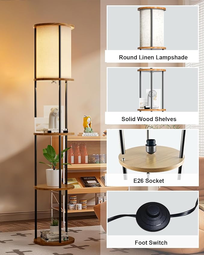 ACOHOOK 61" Floor Lamp with Shelves, Modern Black Floor Lamp with Fabric Lampshade and 3- Tier Storage Table Attached, 35lb Capacity Solid Wood, Corner Bookshelf Lamps for Living Room, Bedroom, Office
