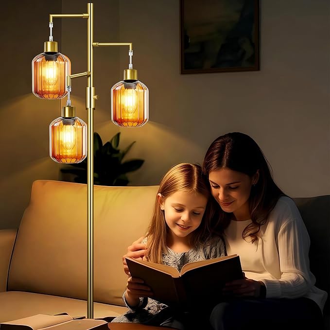 LVYE Gold Floor Lamp for Living Room, Modern Mid Century Standing Lamp with Amber Glass Shade, Dimmable Tall Tree Lamp with 3×6W LED Bulbs, Tall Lamp for Bedroom Office