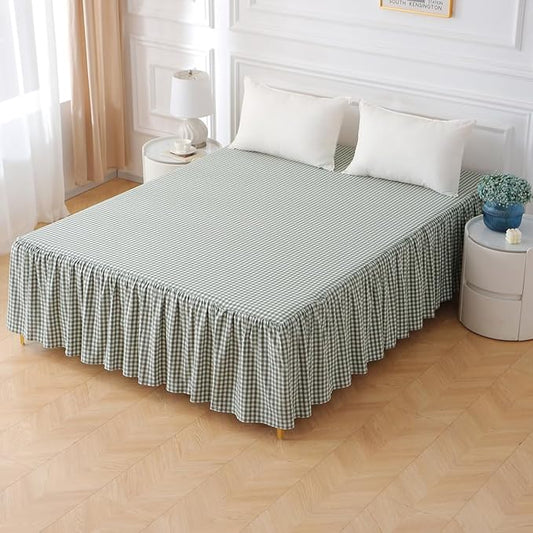 Silnuo Sage Green/White Plaid Bed Skirt Washed Cotton Vintage Gingham Checkered Dust Ruffle Queen Size 14" Bedding(1 Bed Skirt Only, Queen 14")