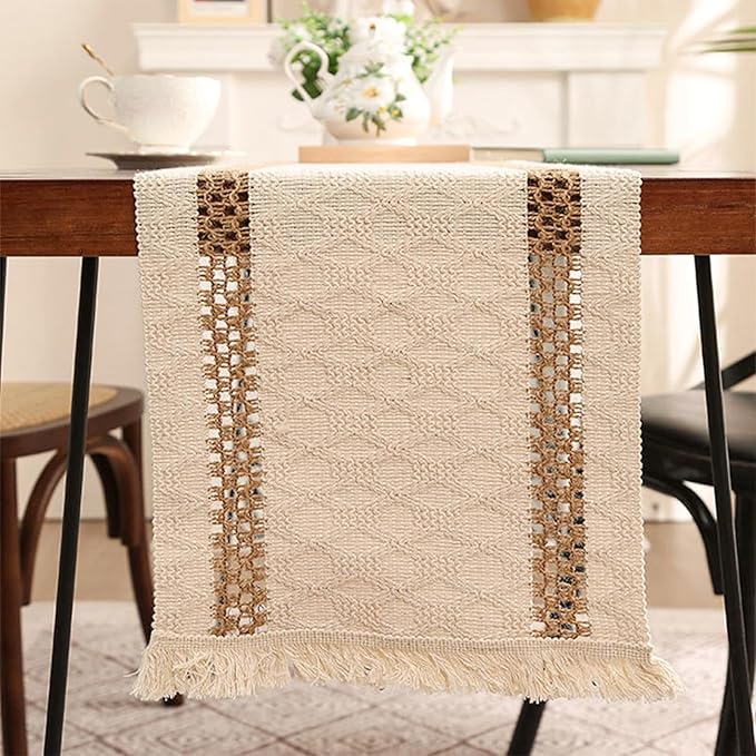 Niviy Boho Table Runner 48 Inches Long Valentine's Day Decorations Farmhouse Macrame Table Runner Cotton Linen Woven Table Runners for Spring Dining Table Home Decor, Beige & Brown