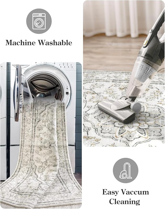 Lahome Oriental Washable Rugs 3x5, Rug for Entryway Indoor Non-Slip, Ultra-Thin Soft Boho Area Rug for Bedroom, Traditional Vintage Low-Pile Entry Throw Rugs Mats for Bathroom Kitchen,(3x5ft, Beige)