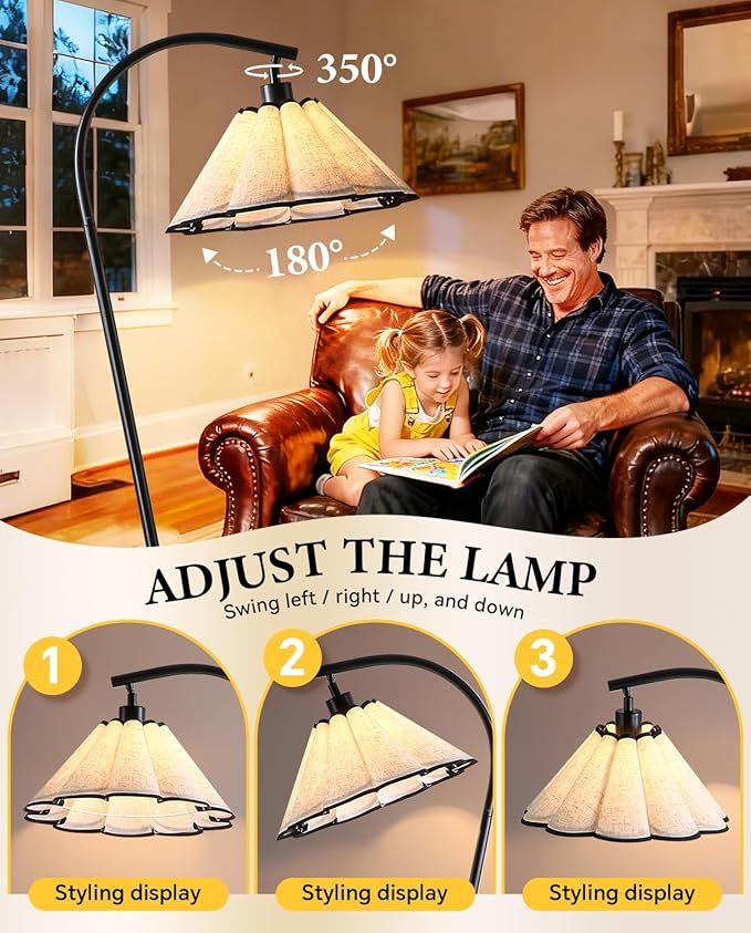 Omlaamy Floor Lamp with Pleated Linen Lampshade, Modern Flower Floor Lamp for Living Room Arc Standing Lamp, Gold Tall Lamp for Bedroom Office Dining Room, Bulb Included (Black + Black, 66.1IN)