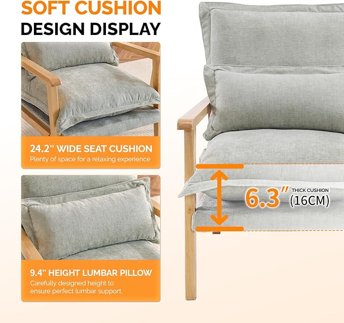 VINGLI Mid-Century Modern Cloud Accent Armchair with Lumbar Pillow, 6.3'' Thick Seat Cushion Comfy Reading Chair with Wooden Armrests，Boho Lounge Chair for Bedroom, Living Room, Chenille, Sage Green